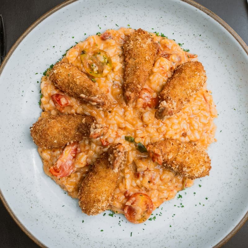 Risoto com Camarões Empanados